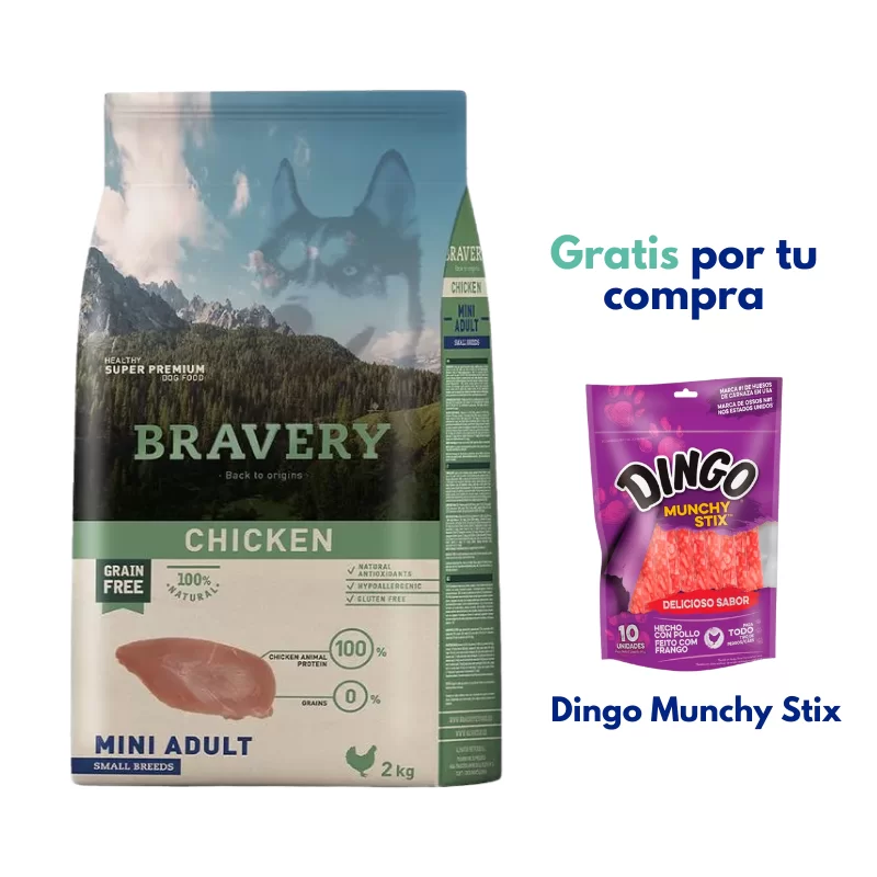 Bravery Chicken Mini Adult Small Breeds 2 kg + Dingo Munchy Stix 10 Unidades